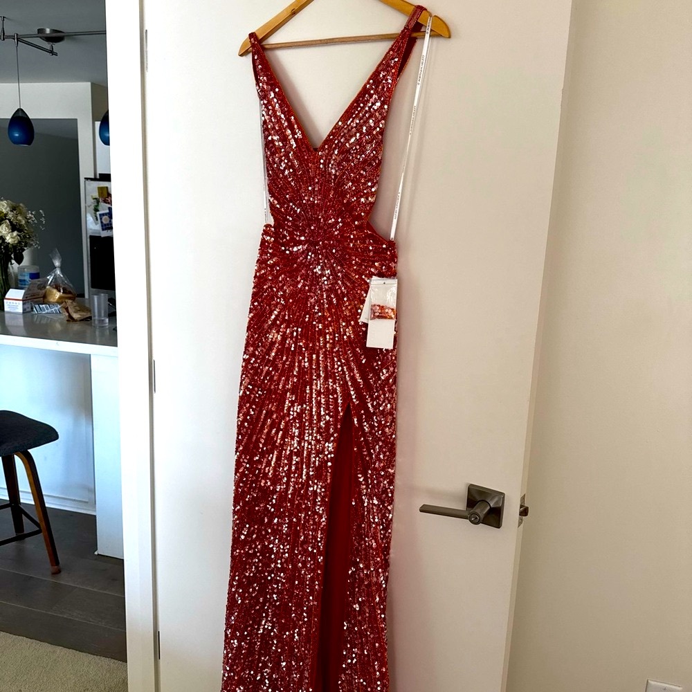 Red Sequin Gown with Plunging Neckline - Picture 3 of 7